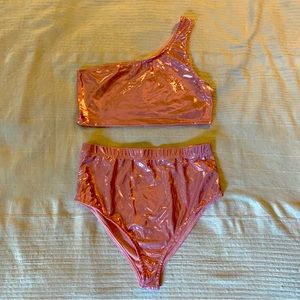 Black Bead 2 Piece Shimmer Pink Raver Bikini One Shoulder
